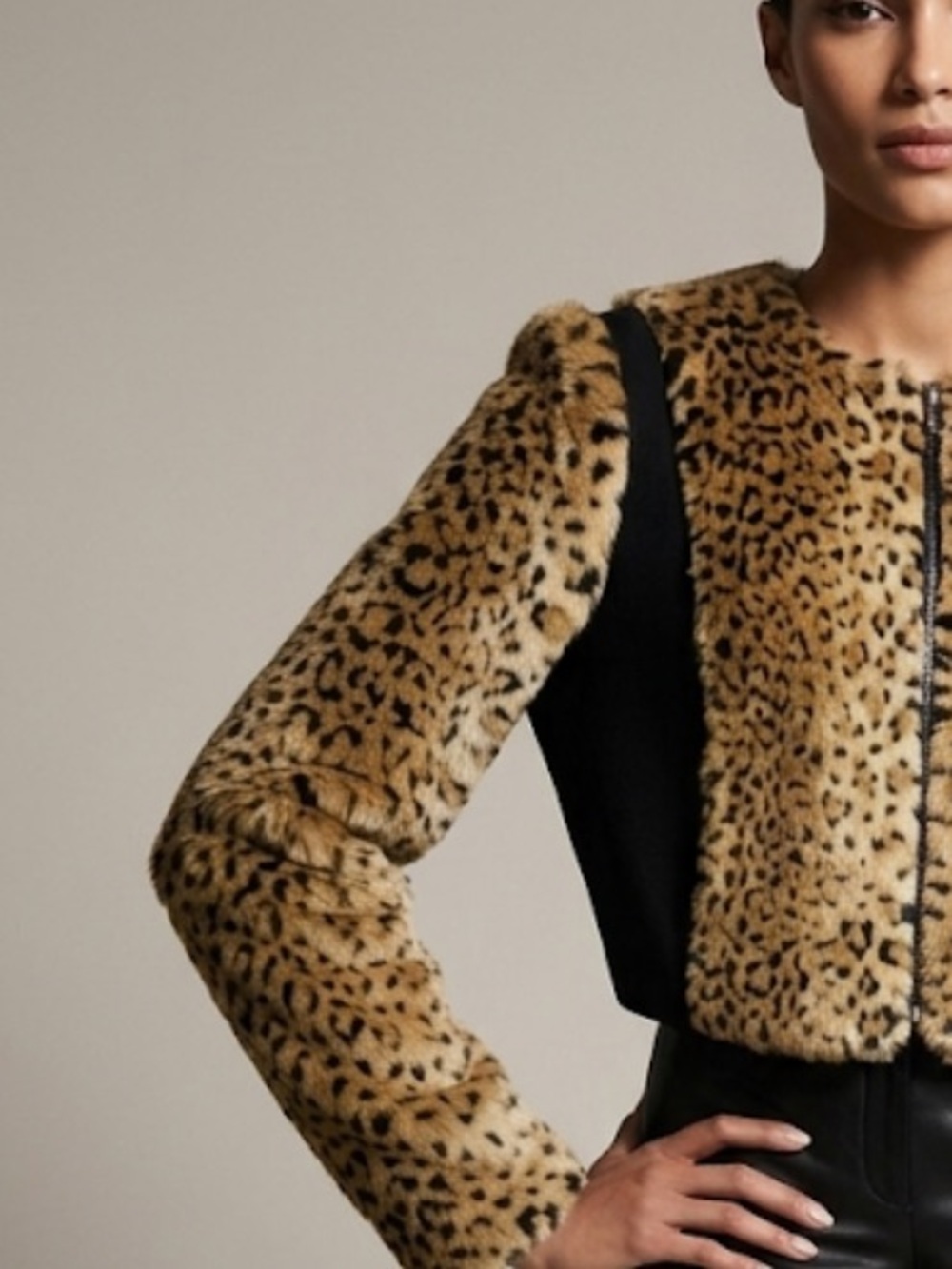 Tinsel Soft Faux Fur Leopard Crop Jacket Black Contrast Panels Large New